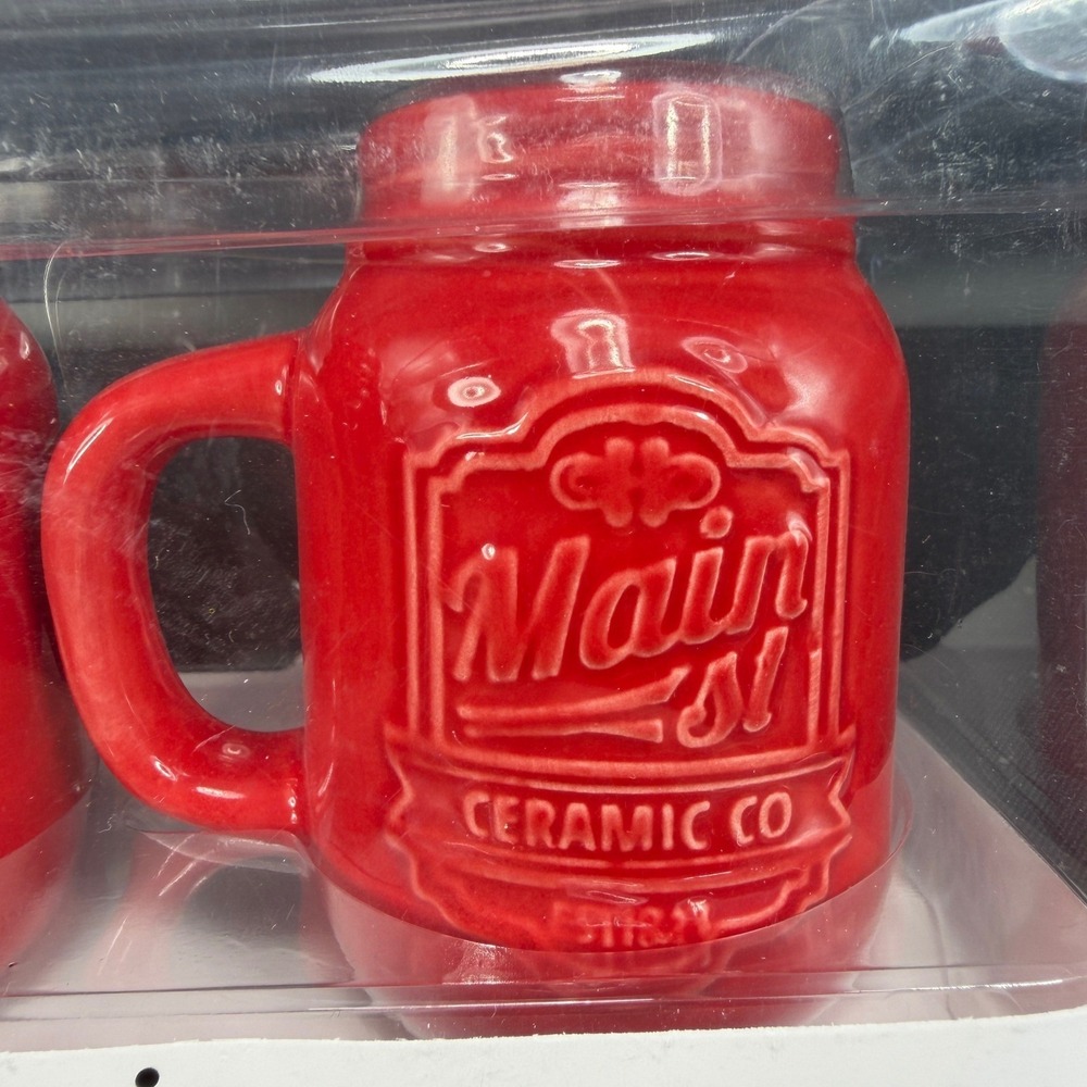 American Atelier Main St Ceramic Co Red Mason Jar Mug Salt and Pepper Shaker Set - Picture 5 of 11